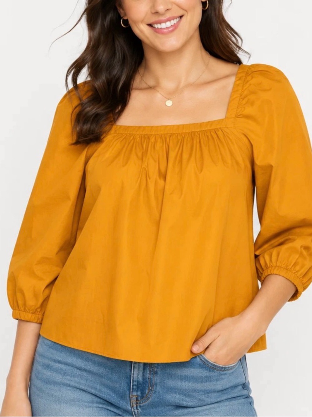 J.Crew Penny Poplin Top Womens XS Orange Square Neck Puff Sleeve Peasant Blouse